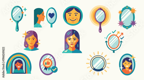 Collection of diverse illustrations depicting people looking into mirrors, reflecting self-perception and beauty standards.