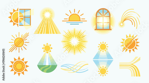Collection of stylized sun and light icons, representing various forms of solar energy and illumination, including windows, rays, and reflections.