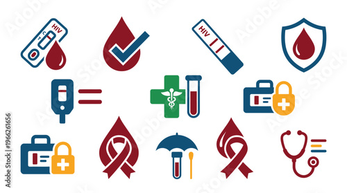 Collection of medical icons representing blood tests, health checks, and disease prevention, including HIV testing and blood donation.