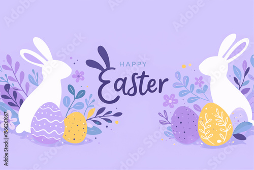 Happy Easter Vector Creative Greeting Card or Banner Design. Decorated Easter Eggs, Bunny, Spring Flowers decoration. Painted and Ornamental Eggs. Creative Easter and Spring border for card, banner