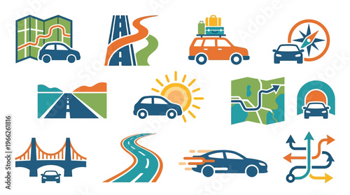 Collection of stylized icons representing various aspects of road travel, including maps, cars, bridges, and directions.
