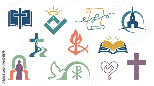 A collection of diverse religious symbols and icons representing various faiths and spiritual concepts, including crosses, books, and abstract emblems.