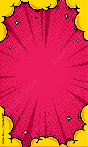 Comic pink magazine template background with yellow cloud frame