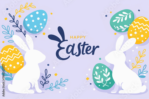 Happy Easter banner. Trendy Easter design with typography, hand painted strokes and dots, eggs and bunny in pastel colors. Modern minimal style. Horizontal poster, greeting card, header for website