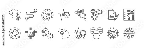 data intelligence icon collection outline style. containing bigdata, tracking, performance, sensor, analysis, system, report, dashboard, automation, ai, algorithm, insight, monitoring, database.
