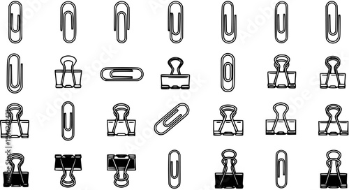 Collection of Black and White Icons Representing Paperclips and Binder Clips on a White Background