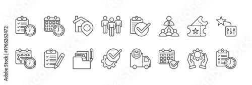 event management icon collection outline style. containing planning, schedule, venue, staff, checklist, coordination, ticketing, control, timeline, task, organizer, setup, logistics, booking.