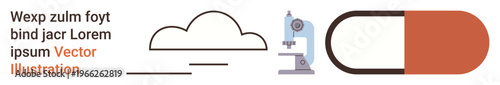 Medical research, technology, pharmaceutical, data storage, biology, innovation. Features a microscope, pill cloud icon and placeholder text. Medical research and technology concept