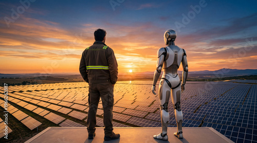 Male industrial worker and a humanoid robot standing together looking at a massive solar panel farm at sunset representing the future of renewable energy