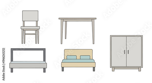 Minimalist Line Drawing Icons of Chair Table Bed and Wardrobe Furniture.