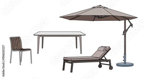Vector illustration of modern outdoor patio furniture set with table chair lounge and umbrella.