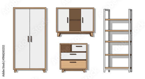 Modern minimalist vector illustration of bedroom furniture set with wardrobe cabinet nightstand and bookshelf.