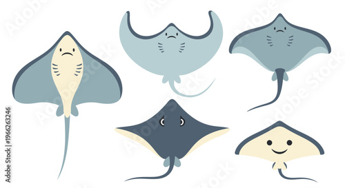 Cute Cartoon Stingray Illustrations in Various Blue Shades.