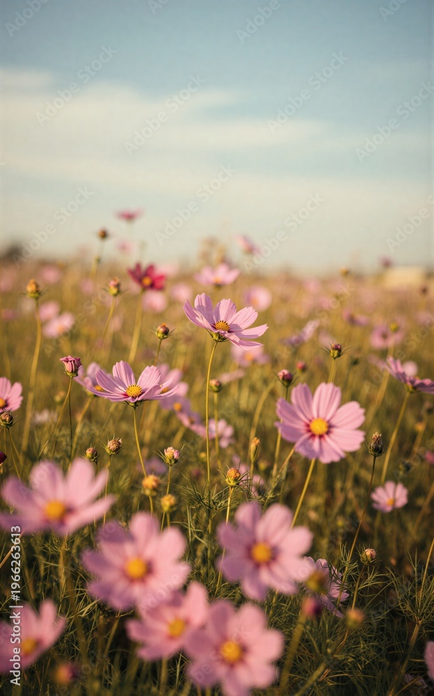 Obraz premium Pink flowers bloom in a sunlit meadow under a soft blue sky.