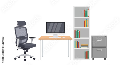 Modern Office Workspace with Desk Computer Chair Bookshelf and Filing Cabinet Vector Illustration.