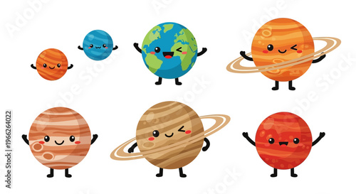 Adorable Cartoon Solar System Planets with Happy Faces and Arms.