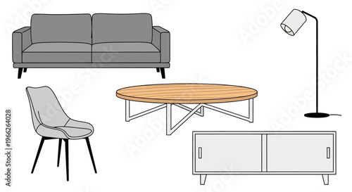 Modern minimalist line drawing of living room furniture set with sofa chair table lamp and cabinet.