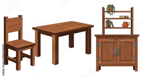 Rustic wooden dining table chair and sideboard cabinet illustration.