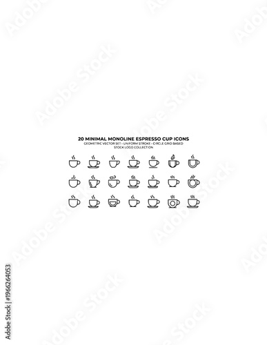 Minimal Espresso Cup Icons: A collection of minimalist espresso cup icons, perfect for representing coffee in various design and user interface applications. Aesthetically pleasing and versatile.