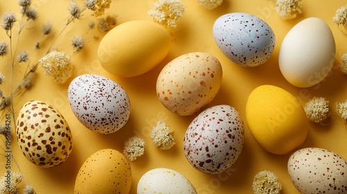 A vibrant arrangement of colorful eggs and flowers on a yellow background