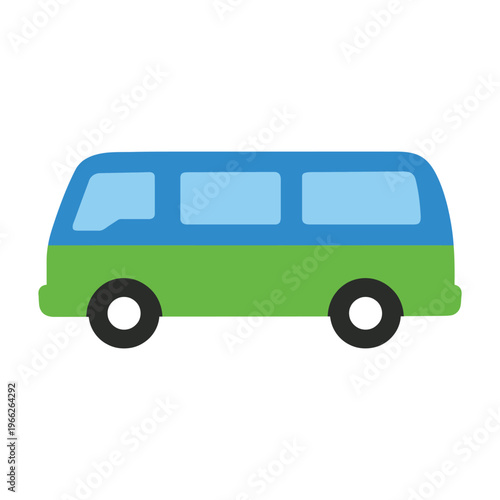 Flat vector illustration of a colorful blue and green minibus or van for transportation
