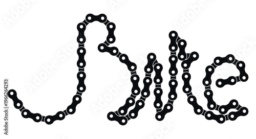 Handwritten style word bike created from bicycle chain links. Creative mechanical lettering isolated on white background for cycling, sport and industrial design concepts.