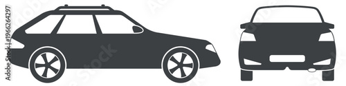 Vector silhouettes of a car in hatchback and station wagon body styles. Shown in two angles side view and front view. Minimalist design.