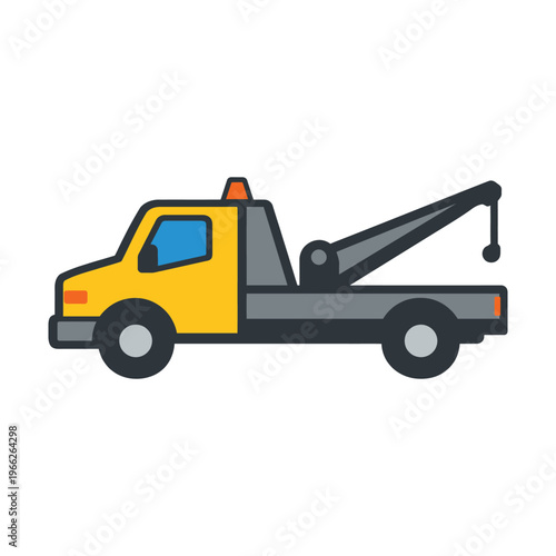 Yellow and grey tow truck illustration with a crane hook on a white background.