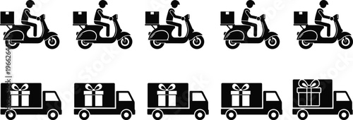 Set of Gift Delivery Icons Featuring Courier Scooters and Fast Shipping Trucks with Gift Box Bow Symbols for Express Parcel Service Isolated on White Background