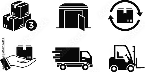 Set of Fast Delivery Truck Icons Featuring Speed Motion Lines and GPS Map Location Pin Symbols for Express Shipping and Logistics Tracking Services Vector
