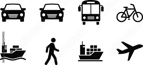 Set of Global Transportation and Logistics Icons Featuring Passenger Cars Public Bus Bicycle Cargo Container Ships Walking Pedestrian and Airplane Isolated on White Background