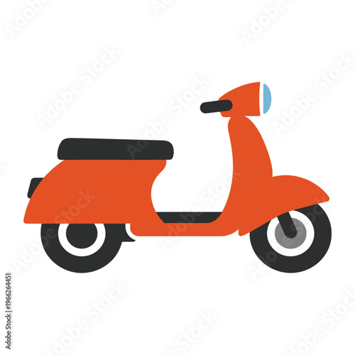 A side view illustration of a classic red motor scooter with a black seat and grey wheels.