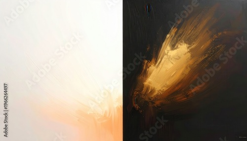 白と黒の対照的な背景に、鮮やかな黄金色の光が爆発するように描かれた抽象的なアート作品で、透明感のある色彩の重なりとダイナミックな筆致が、静寂と情熱の二面性を表現している、モダンで洗練されたデザインの背景素材です。