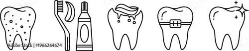 Dental Care Icon Set Thin Line Tooth Braces Brush Toothpaste Healthcare Oral Hygiene