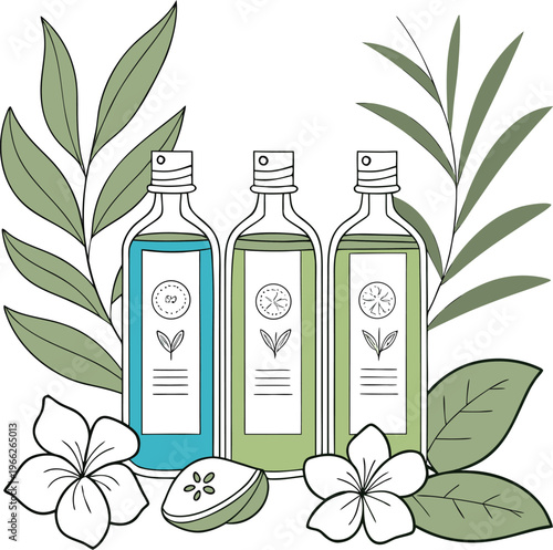 Realistic Glass Bottle Composition ? Cool Blue and Green Palette with Organic Accents.