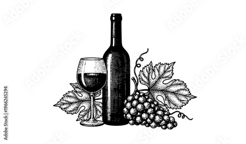 Classic wine still life with bottle glass and grapes vintage engraving vector illustration isolated on white