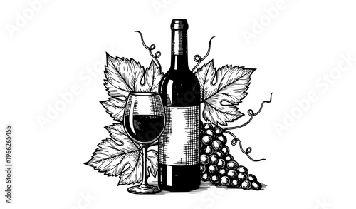 Wine bottle glass and grape cluster vintage engraving vector illustration winery alcoholic drink sketch isolated on white