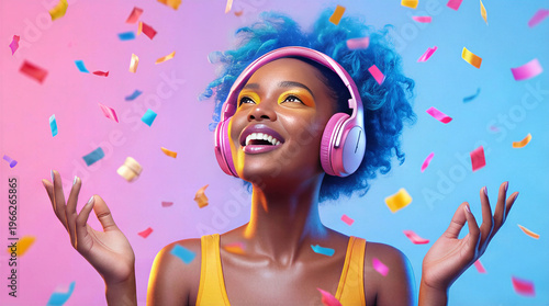 Cheerful Black woman with blue afro hair wearing pink headphones during celebration. Happy young adult enjoying music while colorful confetti falls against vibrant neon background.