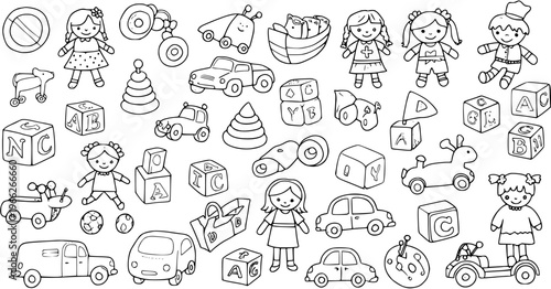 Black and white outline doodle seamless pattern of various children's toys and dolls, including blocks, cars, and other playtime objects.