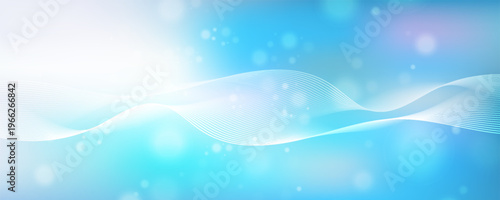 Light Blue Abstract Background with Dynamic Wavy Lines and Glowing Bokeh Orbs