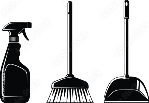 Cleaning supplies set with spray bottle broom and dustpan black silhouette icons