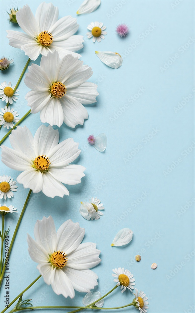 Fototapeta premium White flowers cascade down a soft blue background scattered petals