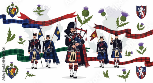Vibrant Scottish Heritage Celebration Bagpipers in Traditional Tartan Kilts Performing Amidst Thistle and Clan Banners