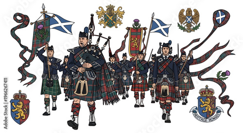 A Scottish Highland bagpipe band marching in traditional dress with banners and crests