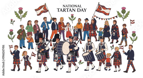 A joyous parade celebrating National Tartan Day with bagpipes, flags, and people in traditional Scottish attire, embodying cultural heritage and community spirit