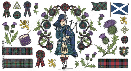Scottish heritage collection traditional bagpiper, iconic thistles, diverse tartan, national flag, Celtic knots, rosettes, embodying national pride and culture