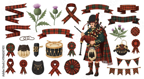 Collection of Scottish heritage symbols bagpiper, tartan patterns, thistles, ribbons, and traditional cultural artifacts for themed designs