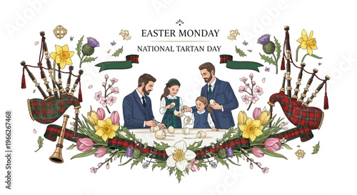 Delightful illustration depicting a multi-generational family enjoying a festive spring tea party, adorned with vibrant blossoms and rich Scottish cultural heritage