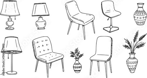 Hand-drawn set of furniture and home decor objects: chairs, table lamps, and vases in black and white sketch style