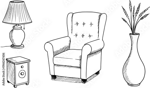 Cozy Sketch: Lamp, Chair, Nightstand  Vase Illustration